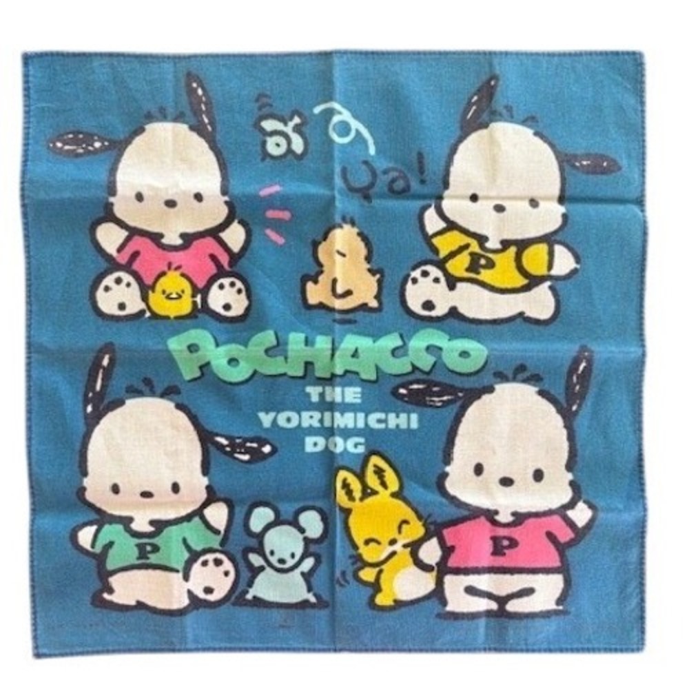 Vintage Sanrio Pochacco The Yorimichi Dog Blue Handkerchief Cotton 11.5" Square